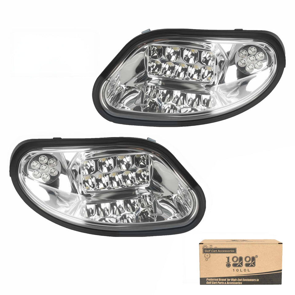 10L0L golf cart headlights, front view, offer bright illumination for night safety and visibility.