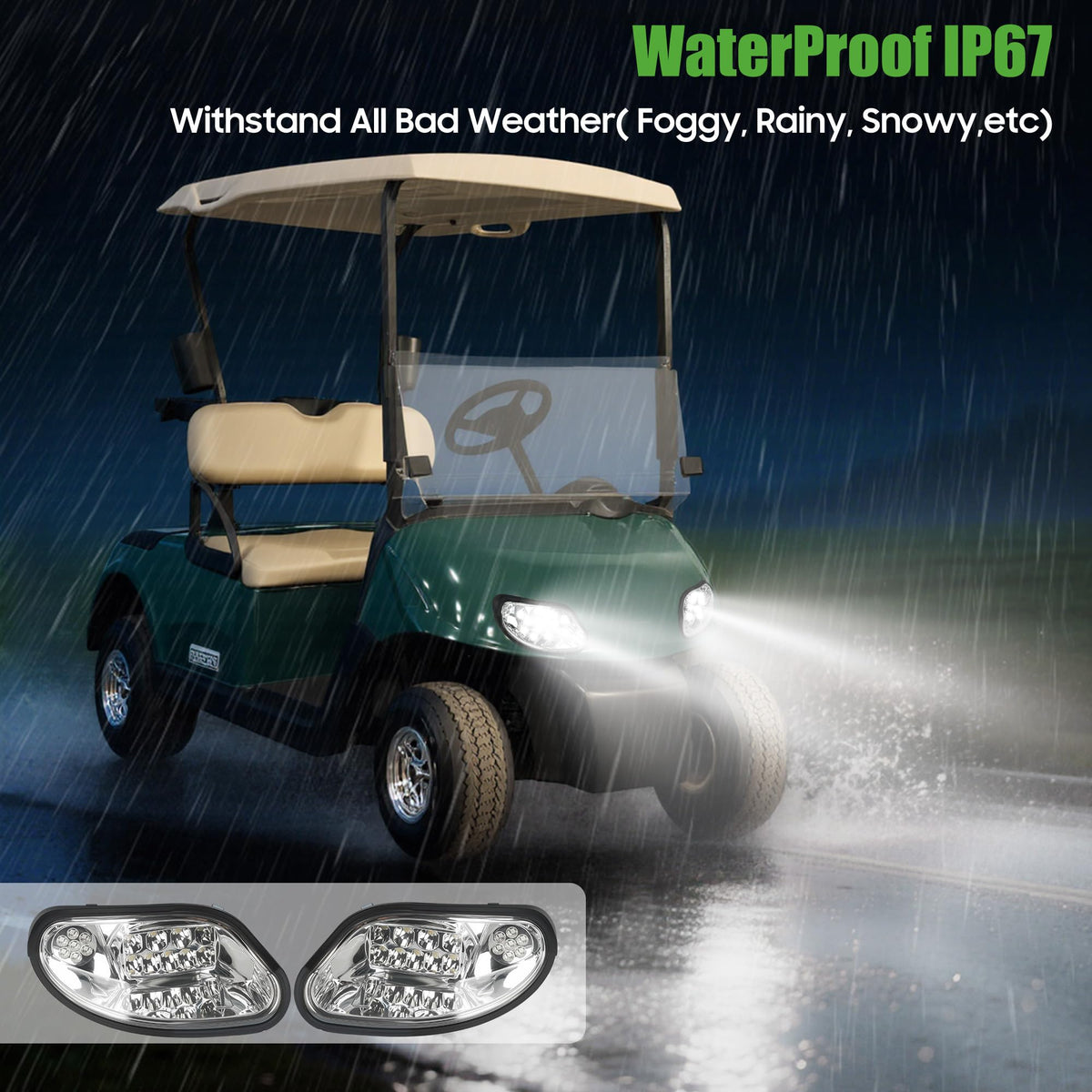 10L0L golf cart headlights, packaging and hardware, includes everything for quick DIY setup.