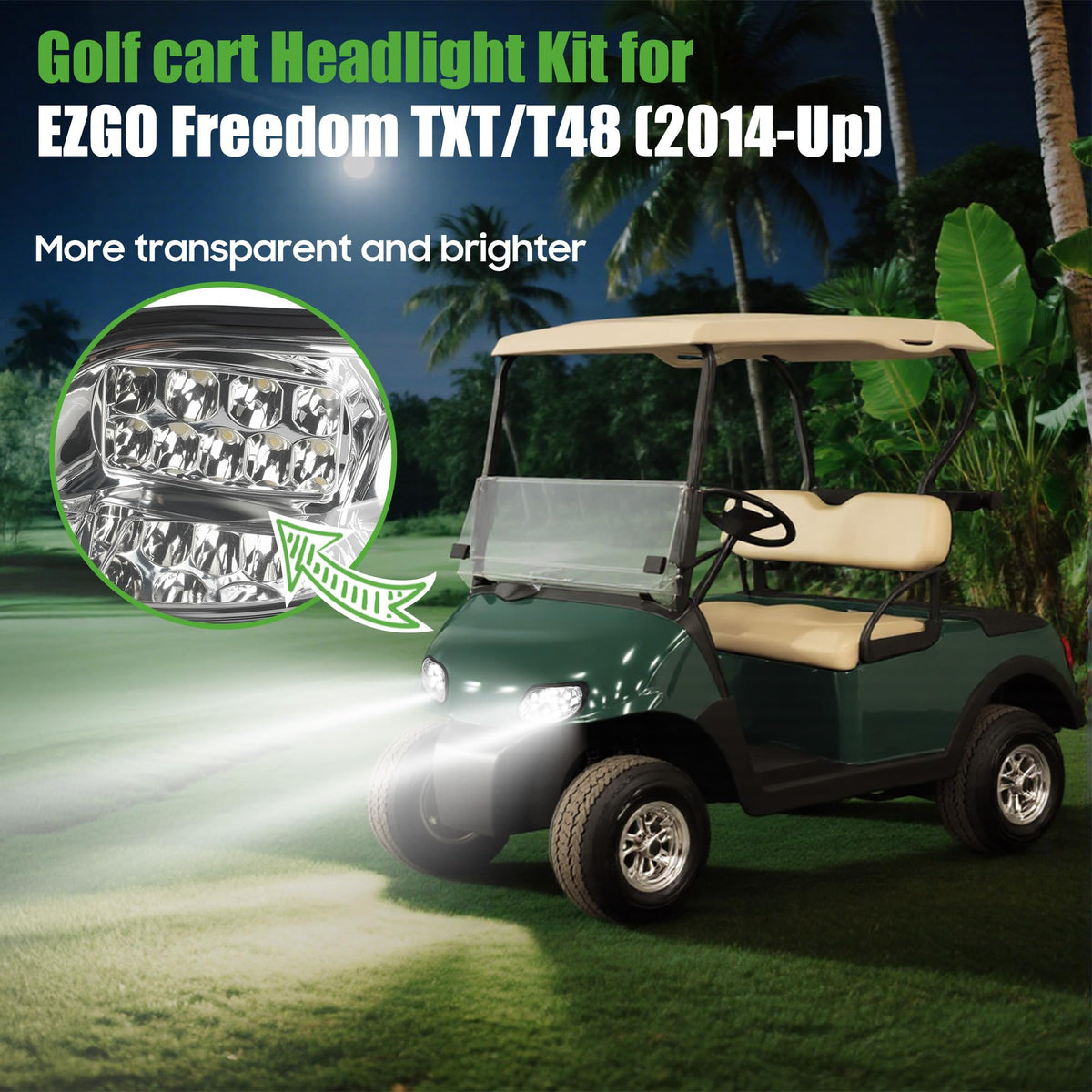 10L0L golf cart headlights, passenger-side, improves nighttime signaling for passengers.