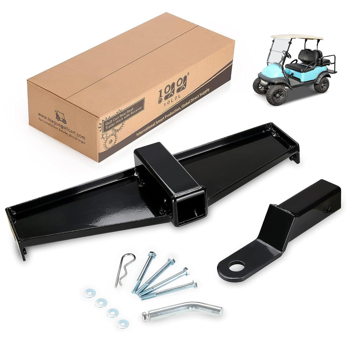 10L0L golf cart hitch attached to Club Car Precedent rear frame for towing