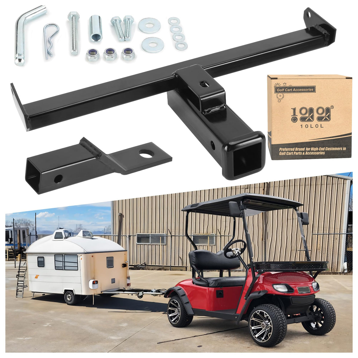 10L0L golf cart hitch attached to EZGO RXV bumper for secure towing