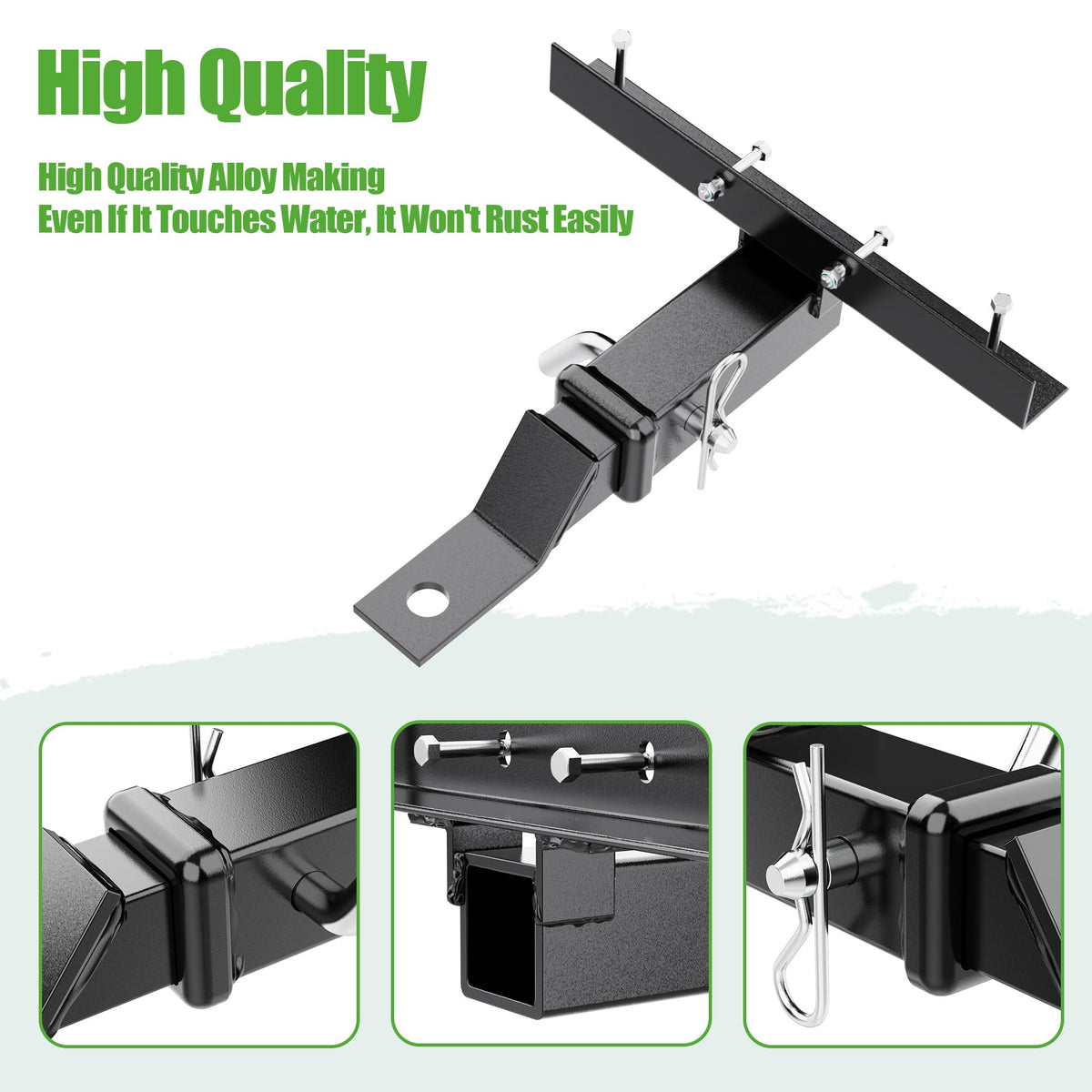 Hitch in use on a golf cart towing a small trailer.