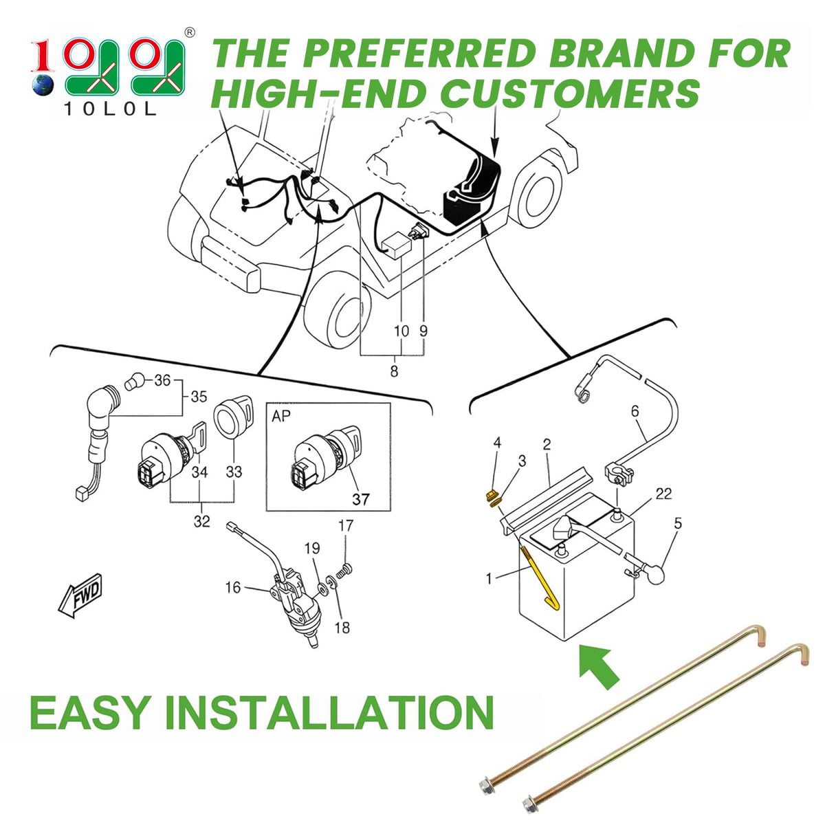 10L0L hold-down-rod-assembly for Club Car and Yamaha replacements ensures quick fit.
