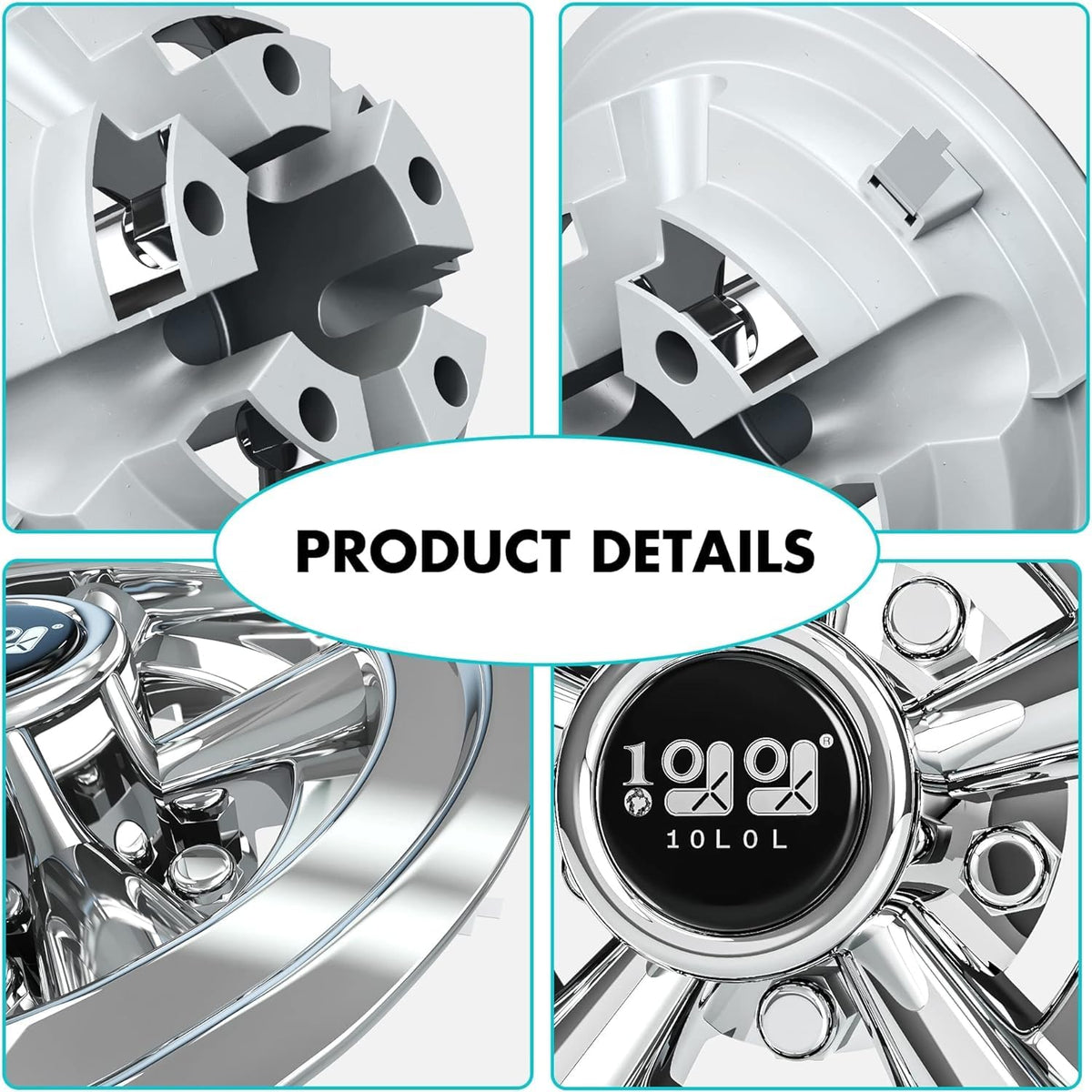 Close-up of chrome finish on 10L0L hubcap reveals durable ABS design.