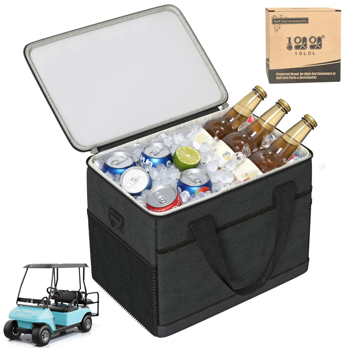 10L0L Golf Cart Ice Bag showing 27L capacity for drinks and gear, ideal for long rounds