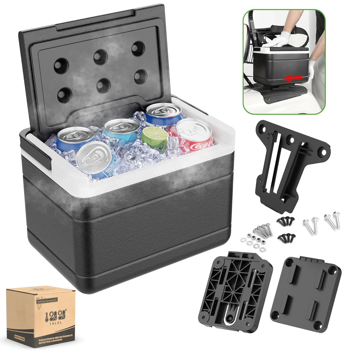 10L0L golf cart ice cooler mounted bracket for quick, secure attachment.