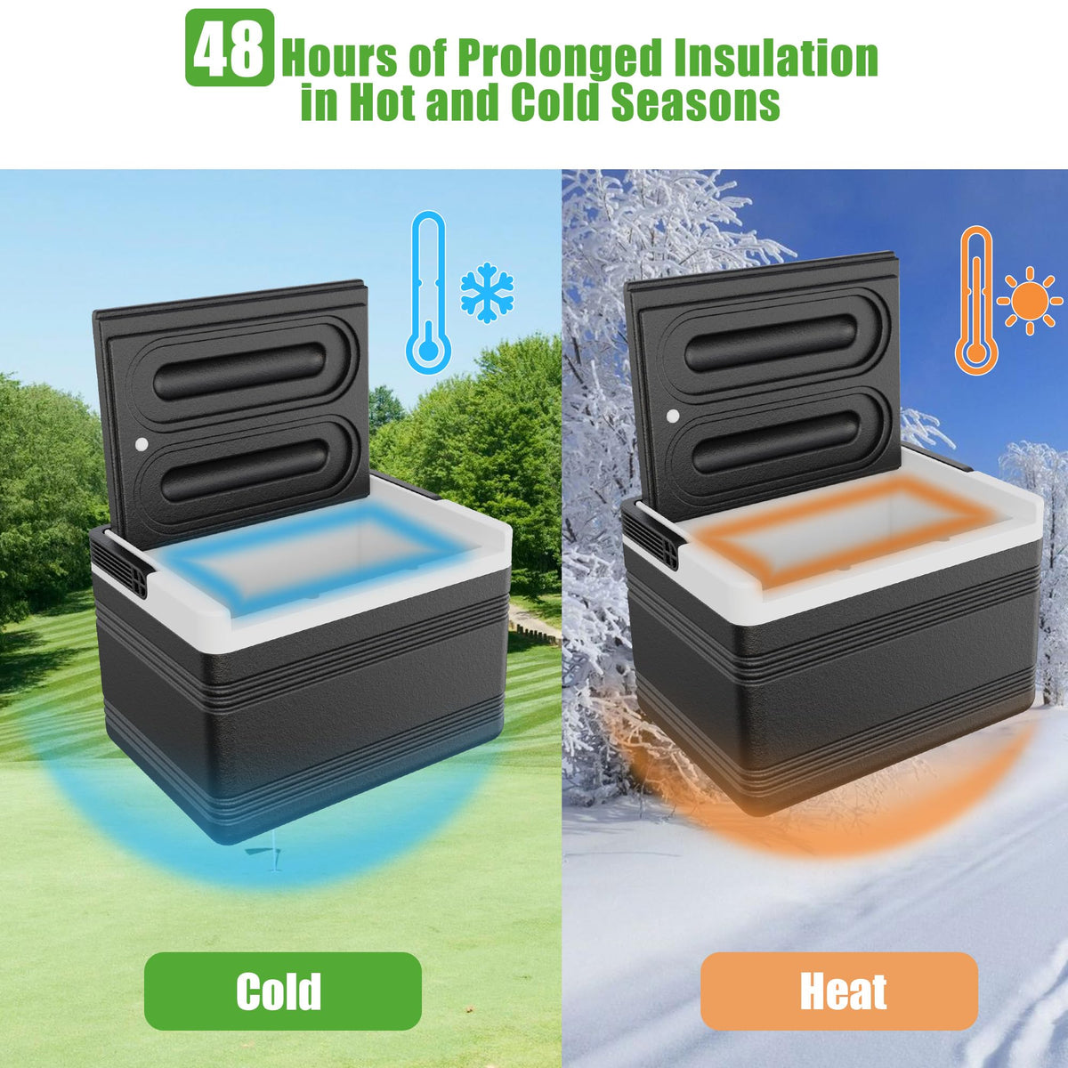 10L0L golf cart ice cooler open lid view with 8L capacity and beverage space.