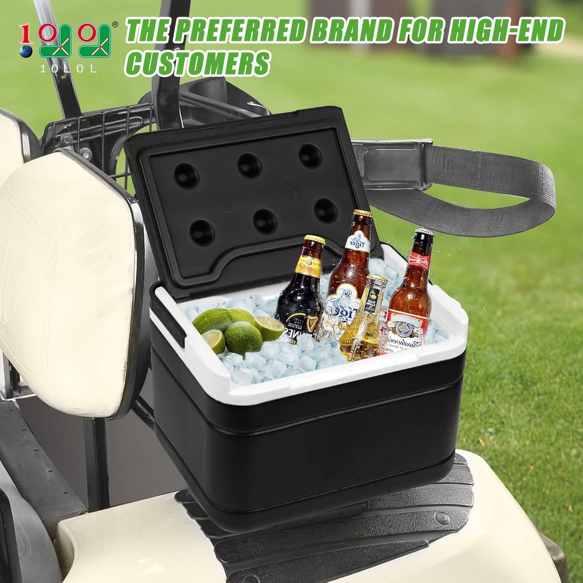 10L0L golf cart ice cooler side view shows spacious capacity.