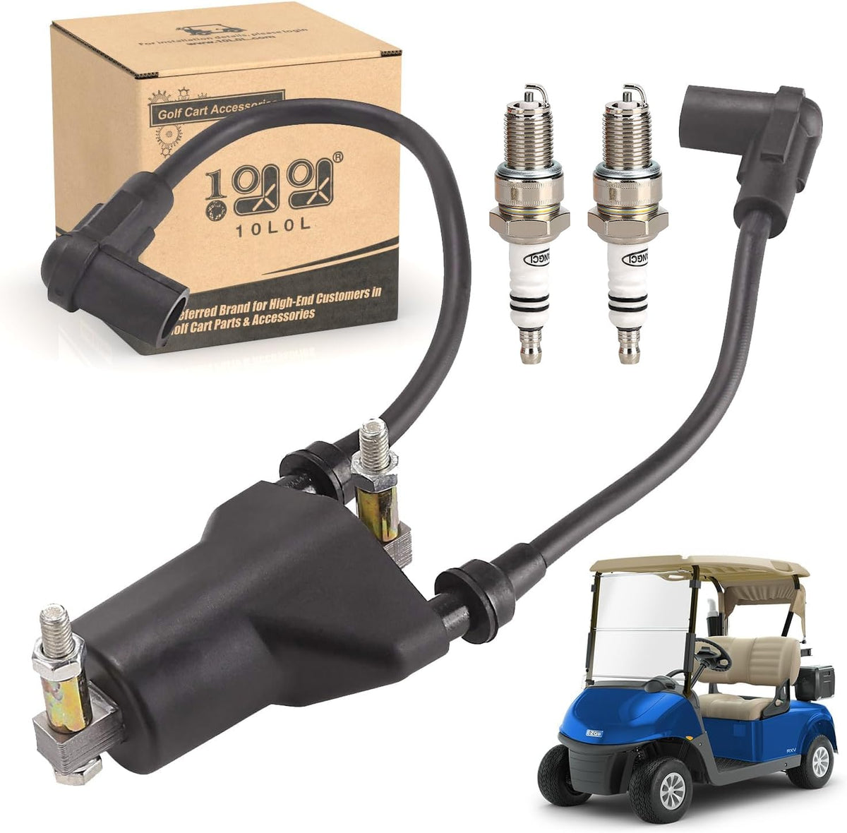 10L0L golf cart ignition coil close-up for EZGO, reliability in everyday rides
