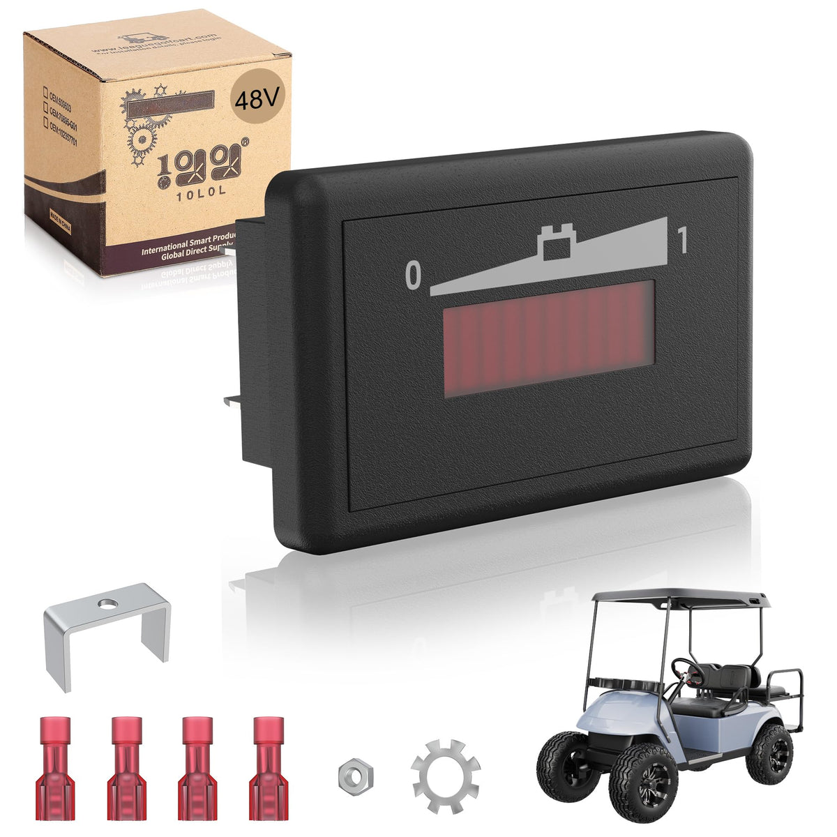 10L0L golf cart meter front view with clear 48V charge indicator.
