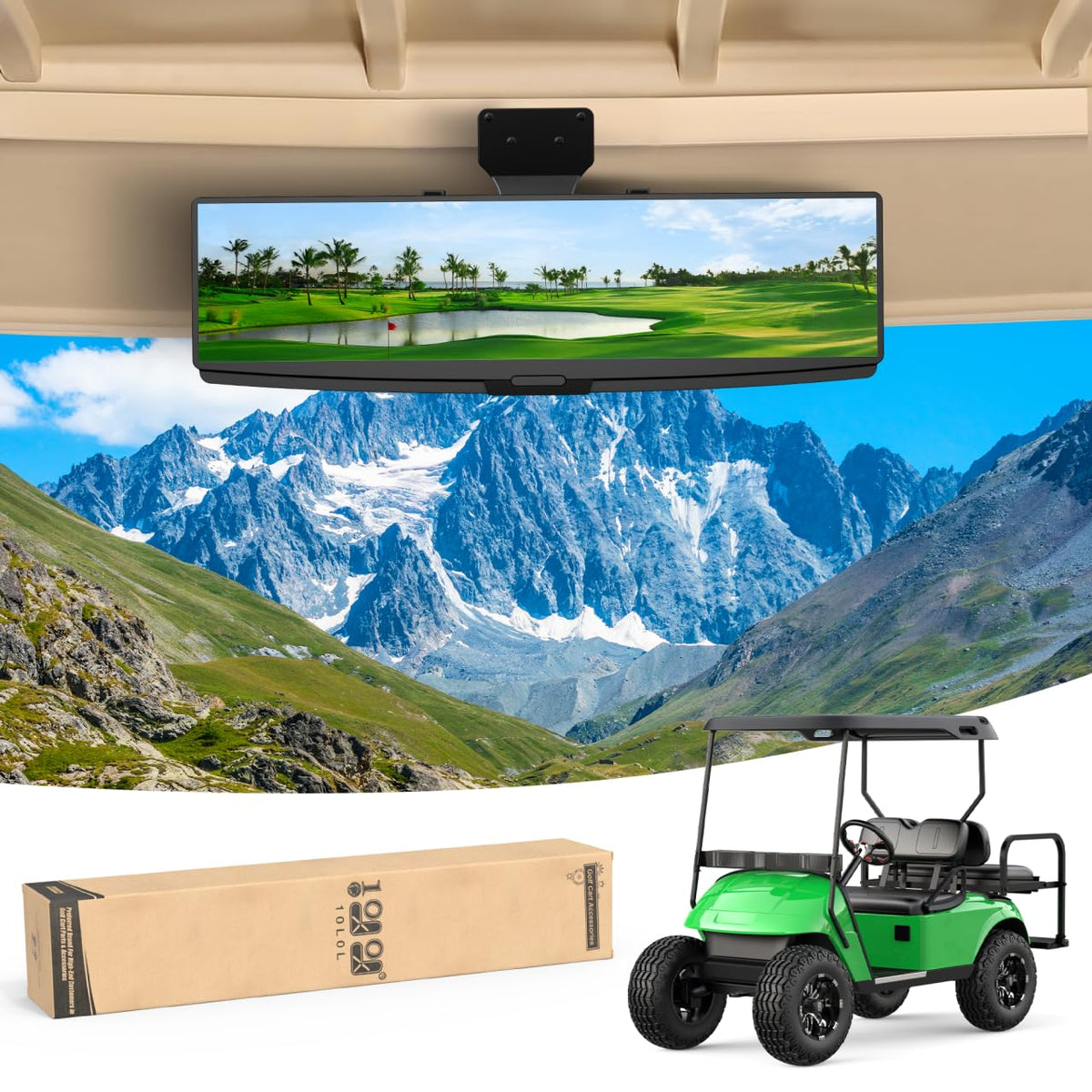 10L0L golf cart mirror with 180-degree panorama improves rear visibility for safer drives
