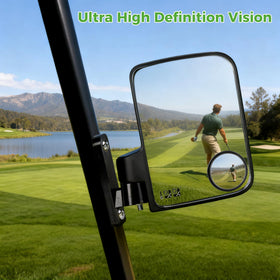 10L0L golf cart mirror convex lens expands rear visibility.