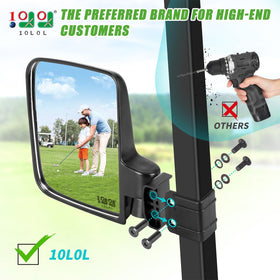 10L0L Golf Cart Mirror side profile shows 180-degree panoramic visibility.