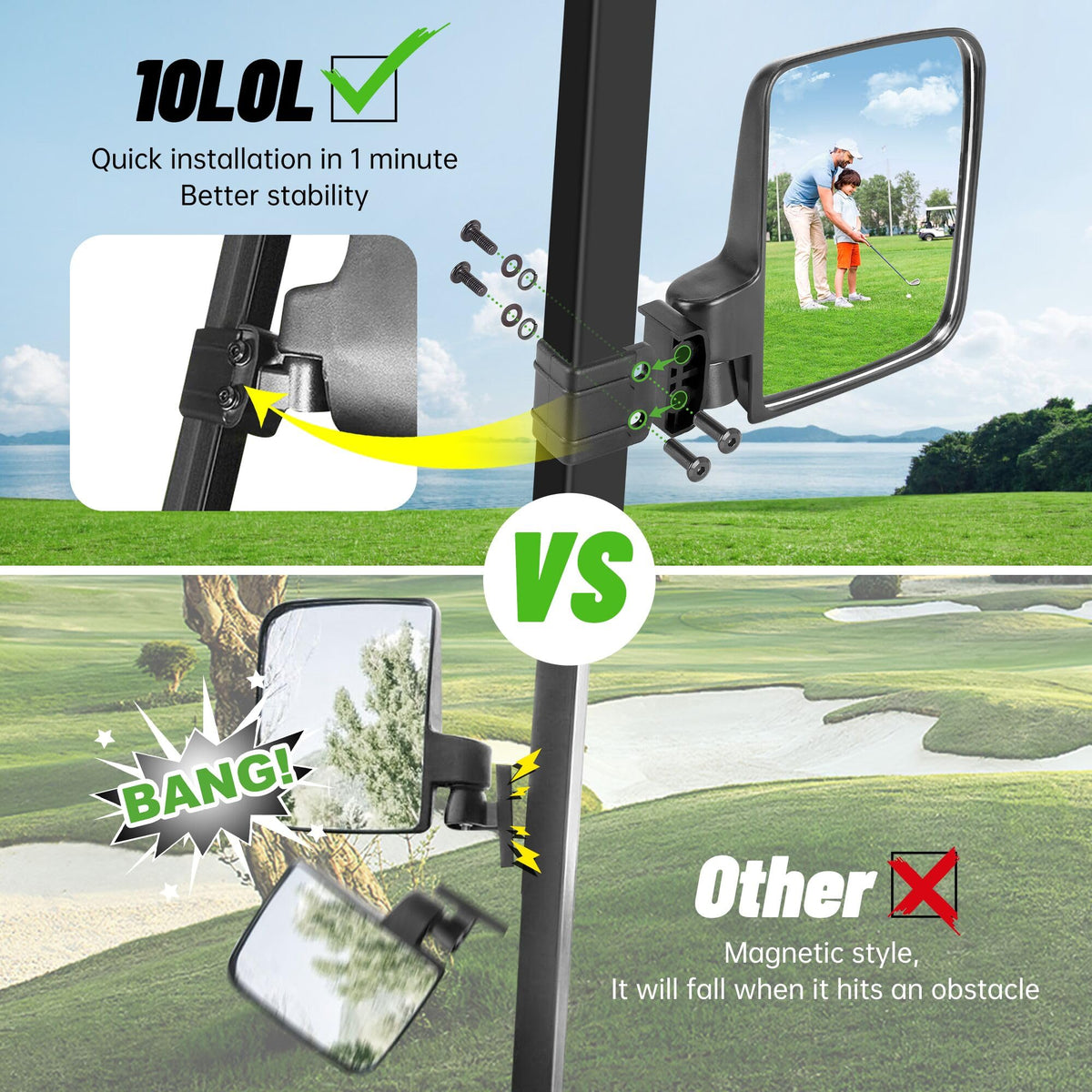 10L0L Universal golf cart mirror for Yamaha carts, adjustable and foldable.