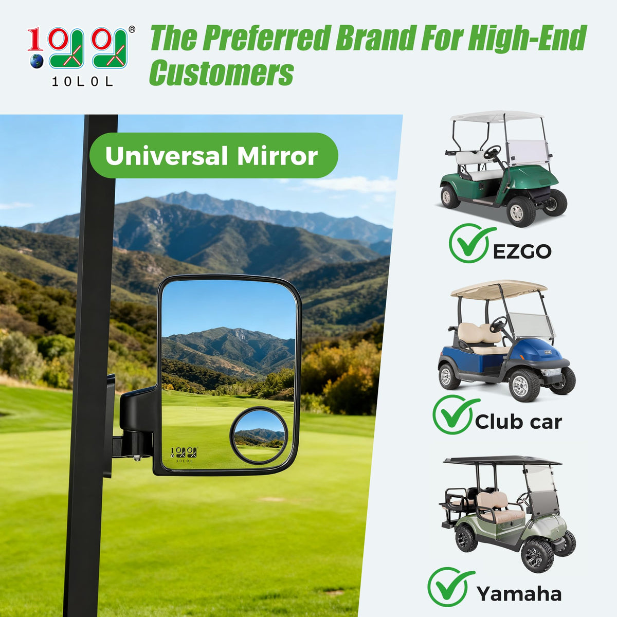 10L0L golf cart mirror side view right widens vision during maneuvers.