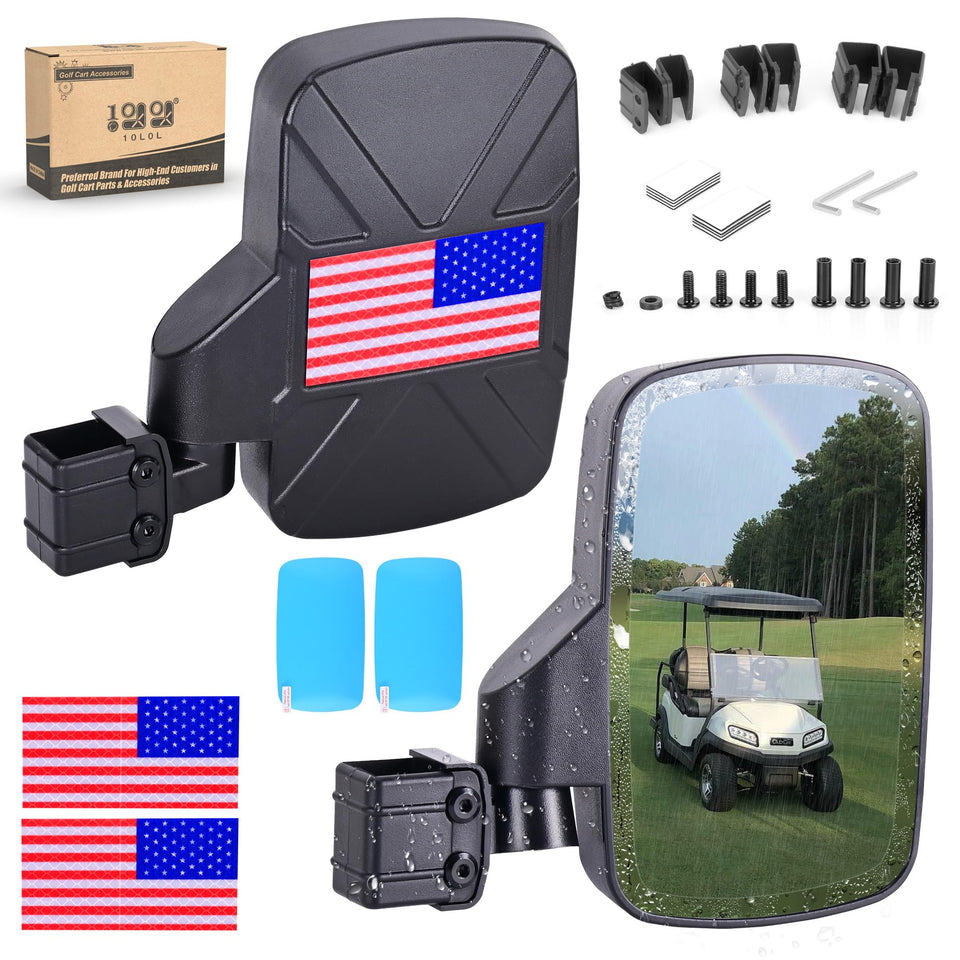 10L0L Golf Cart Mirror side view shows wide visibility for safer driving