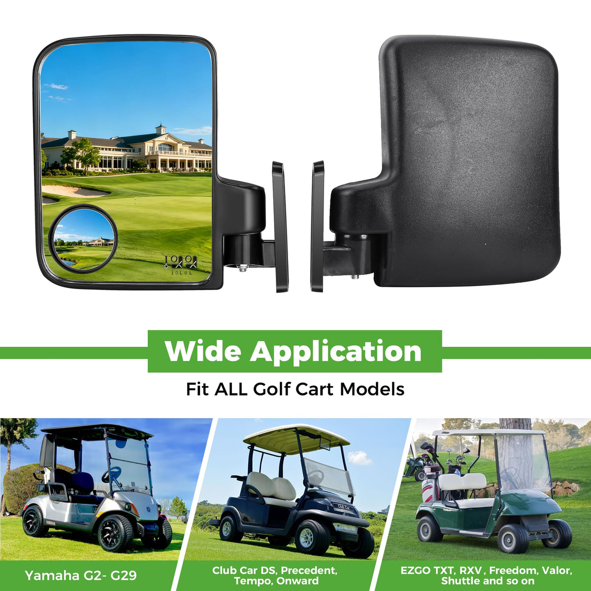 10L0L universal-fit golf cart mirror works with Yamaha, Club Car, EZGO.