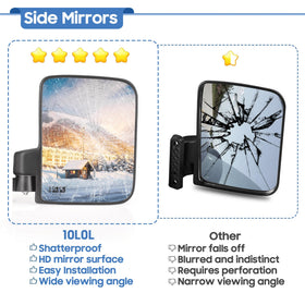 10L0L Golf Cart Mirrors no-drill installation with bracket compatibility.