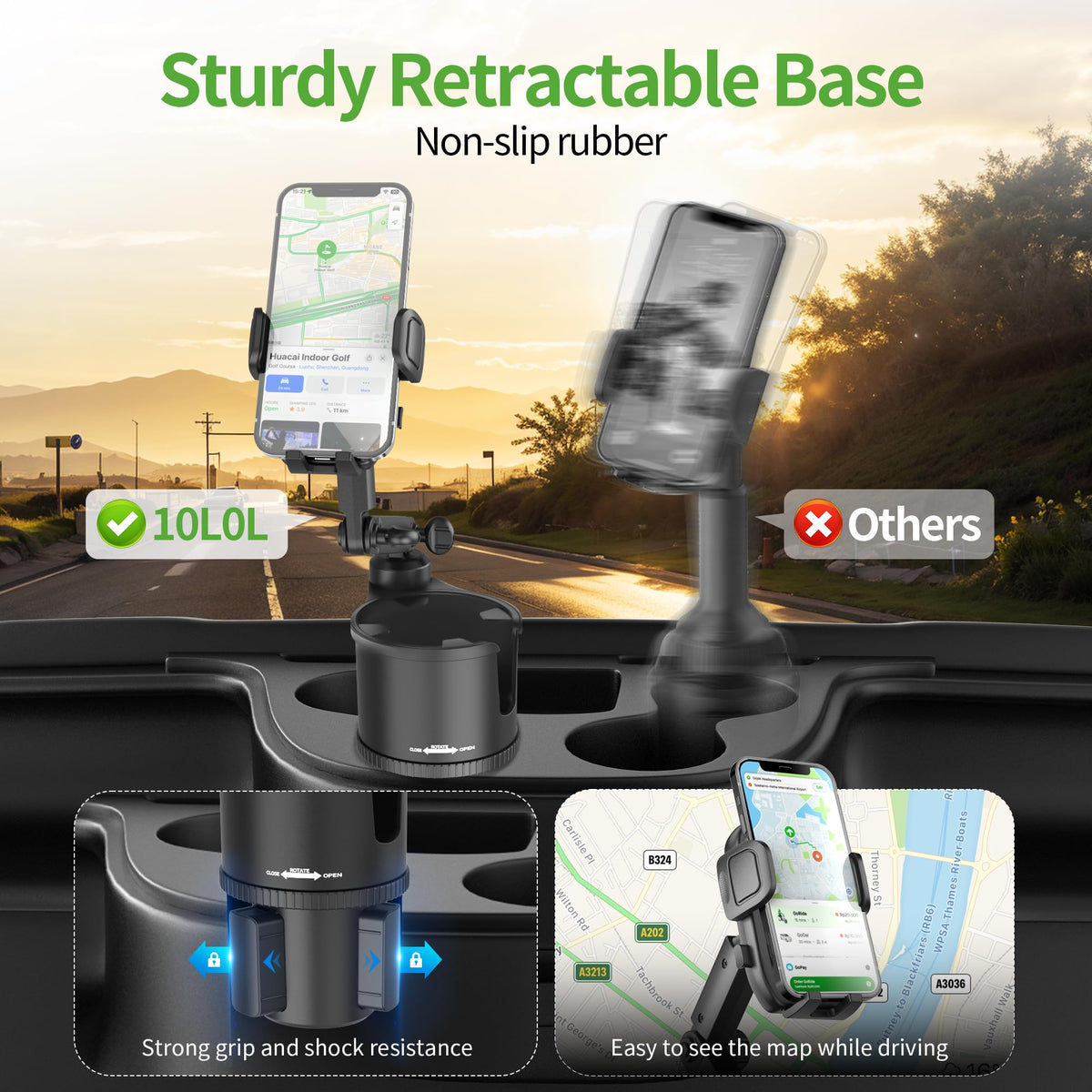 10L0L golf cart phone holder features a 360-degree rotatable joint for flexible viewing.