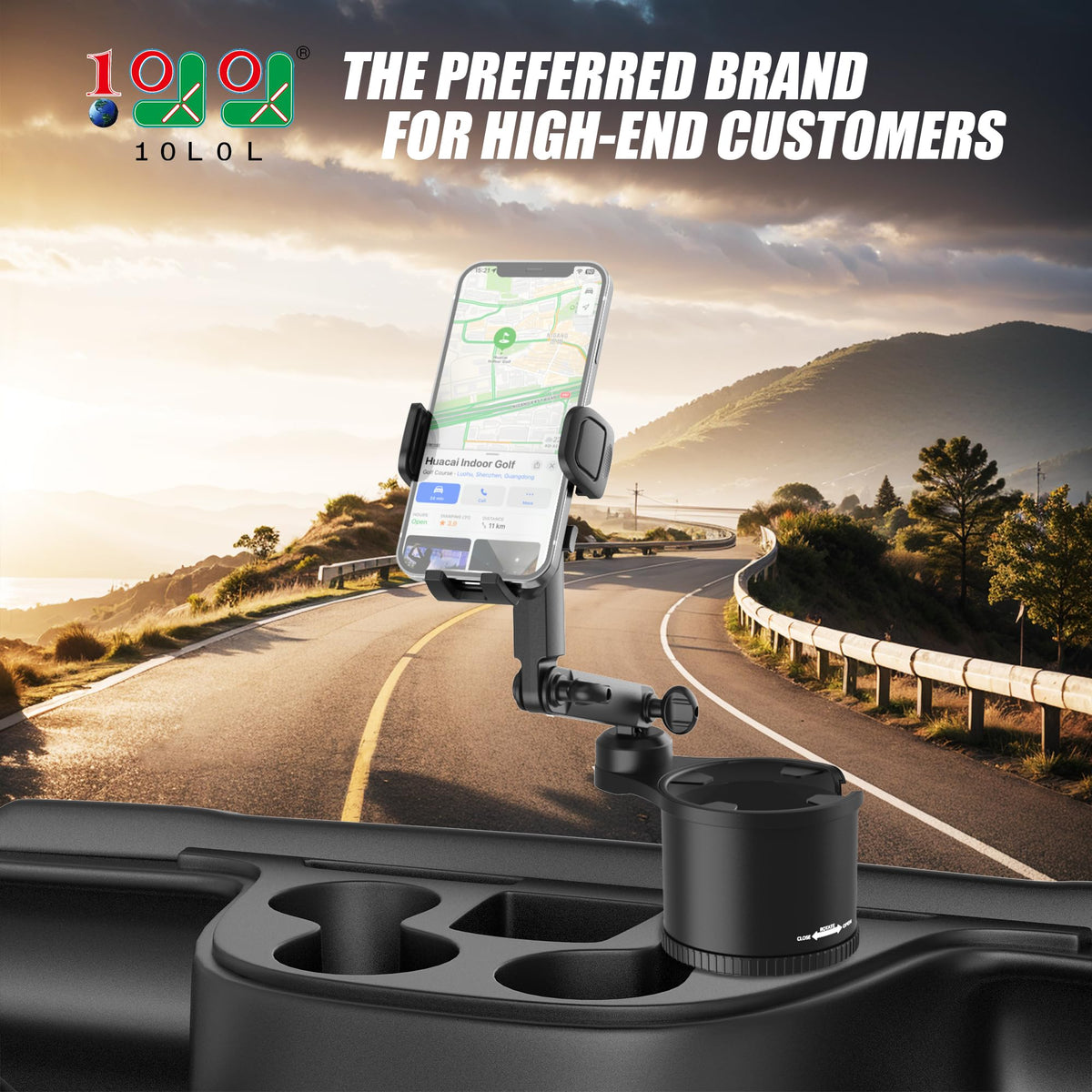 10L0L golf cart phone holder installation-free base fits most cup holders.