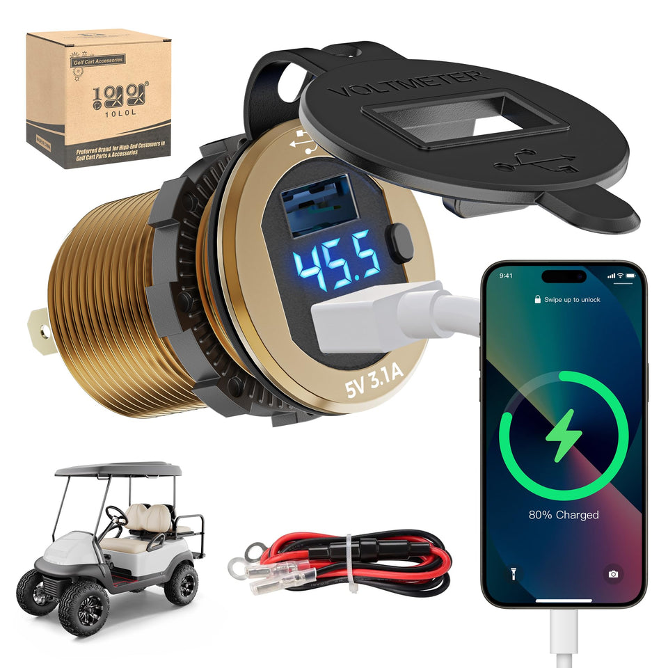 10L0L dual USB ports on golf cart charger for simultaneous device charging.