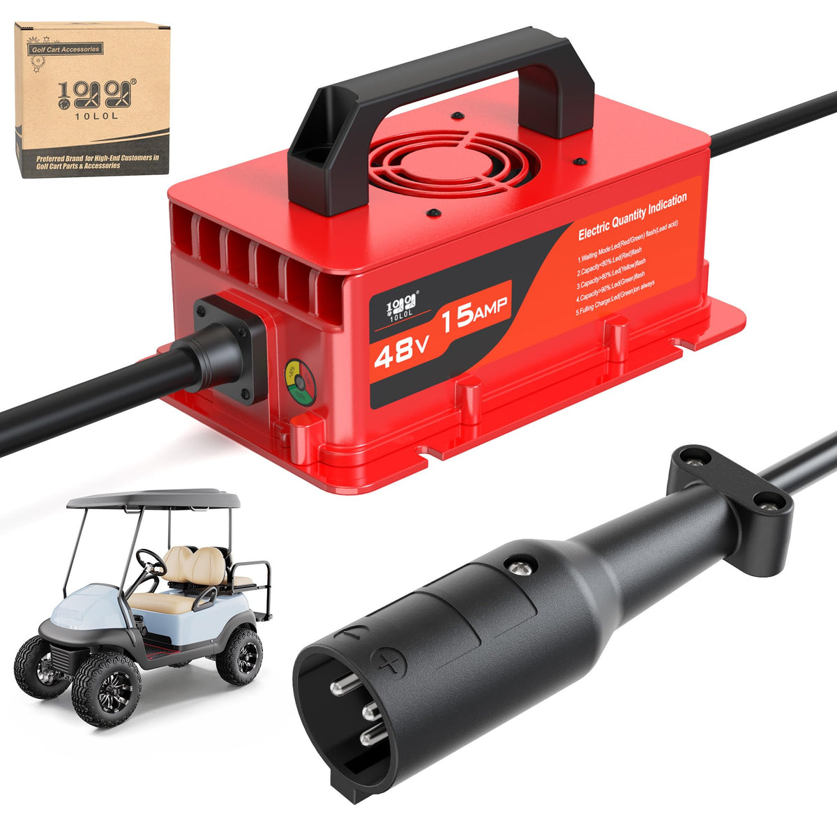 10L0L golf cart rapid charger front view; fast 48V 15A charging.