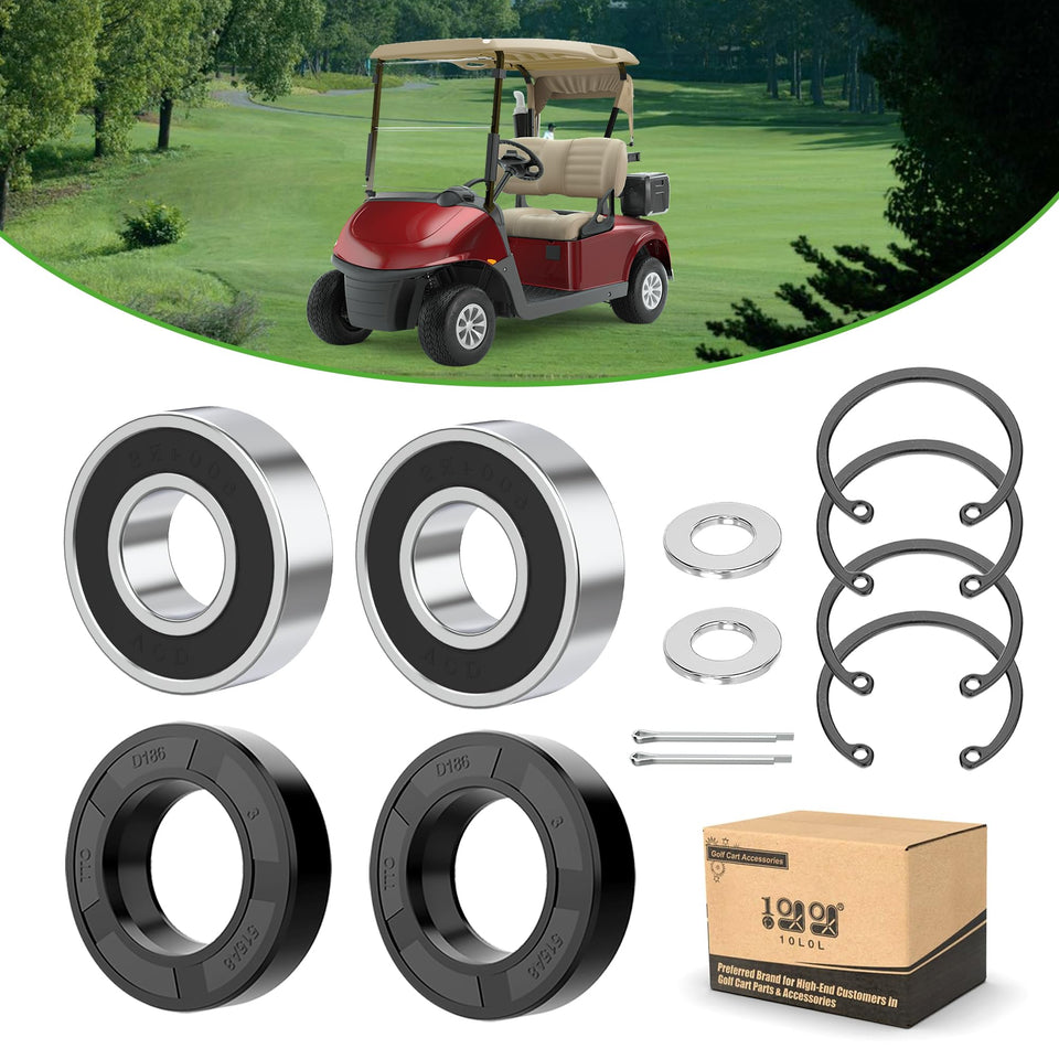 10L0L Golf Cart Rear Axle Bearing Kit box showing complete parts for EZGO compatibility.