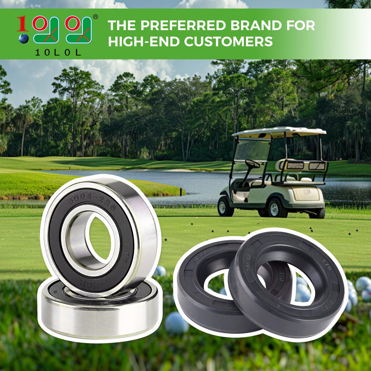 10L0L Golf Cart bearing and seals laid out for easy part inspection and replacement.