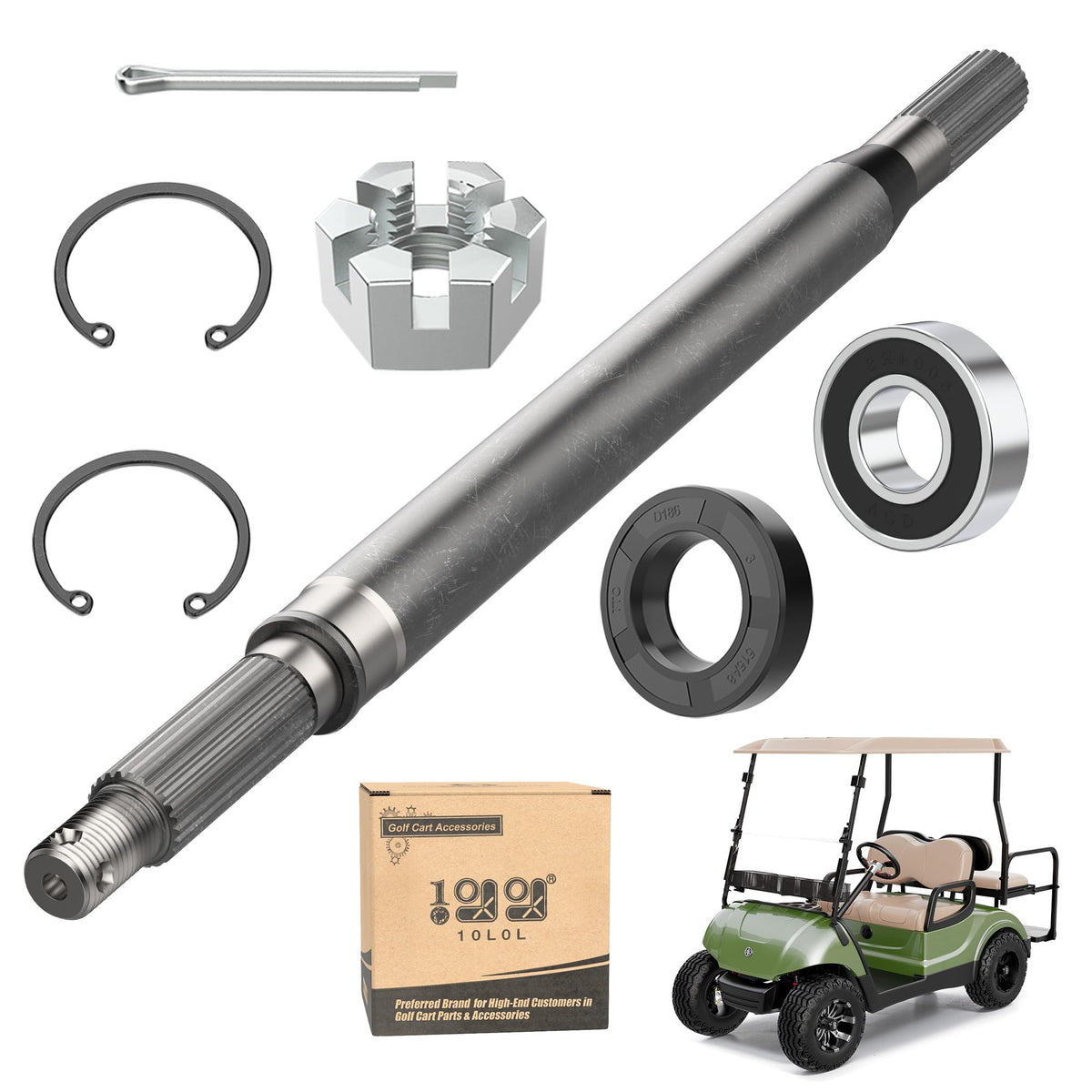 10L0L rear axle shaft and bearing seal, driver-side, Yamaha carts, smooth operation.