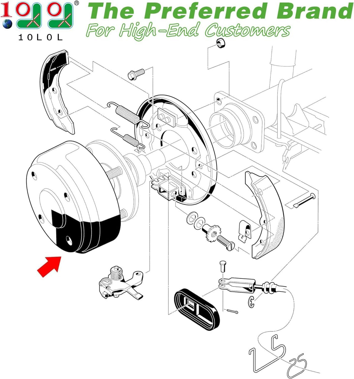 10L0L brake drum for Club Car DS 1995-up, back view, OEM compatibility