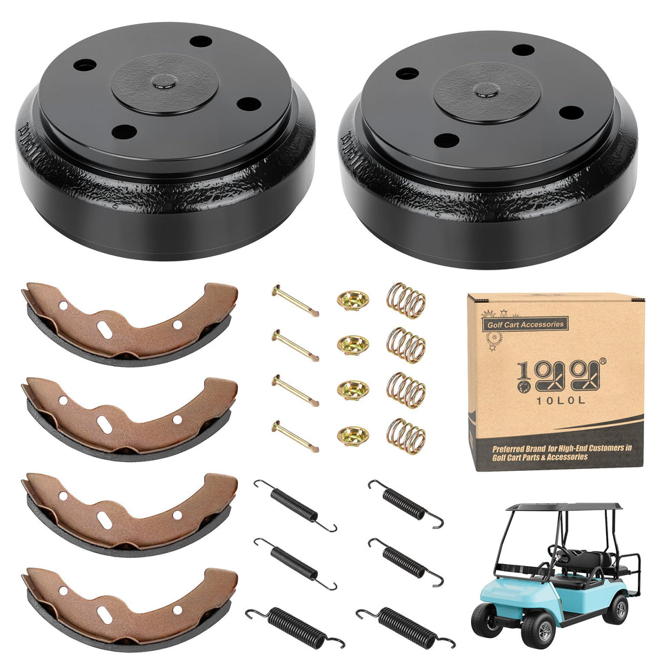 10L0L golf cart rear brake drum kit assembly for DS and Precedent, ready for a complete brake service.