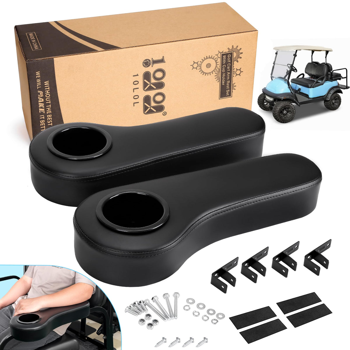 10L0L golf cart rear seat arm rest kit with cup holder in black, convenient drinks within reach.
