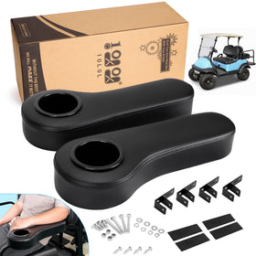 10L0L golf cart rear seat arm rest kit with cup holder in black, convenient drinks within reach.