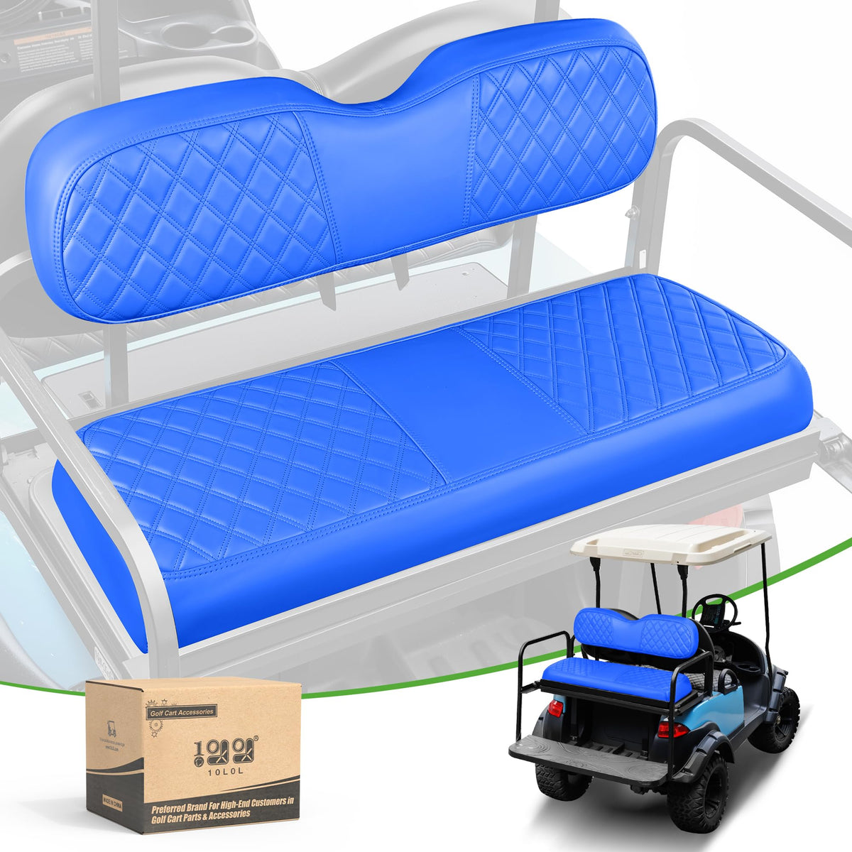 10L0L golf cart rear seat cover with diamond pattern protects blue seats and adds style