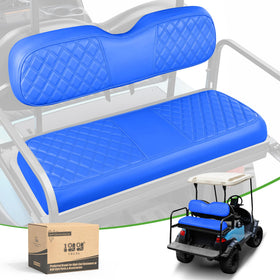 10L0L golf cart rear seat cover with diamond pattern protects blue seats and adds style