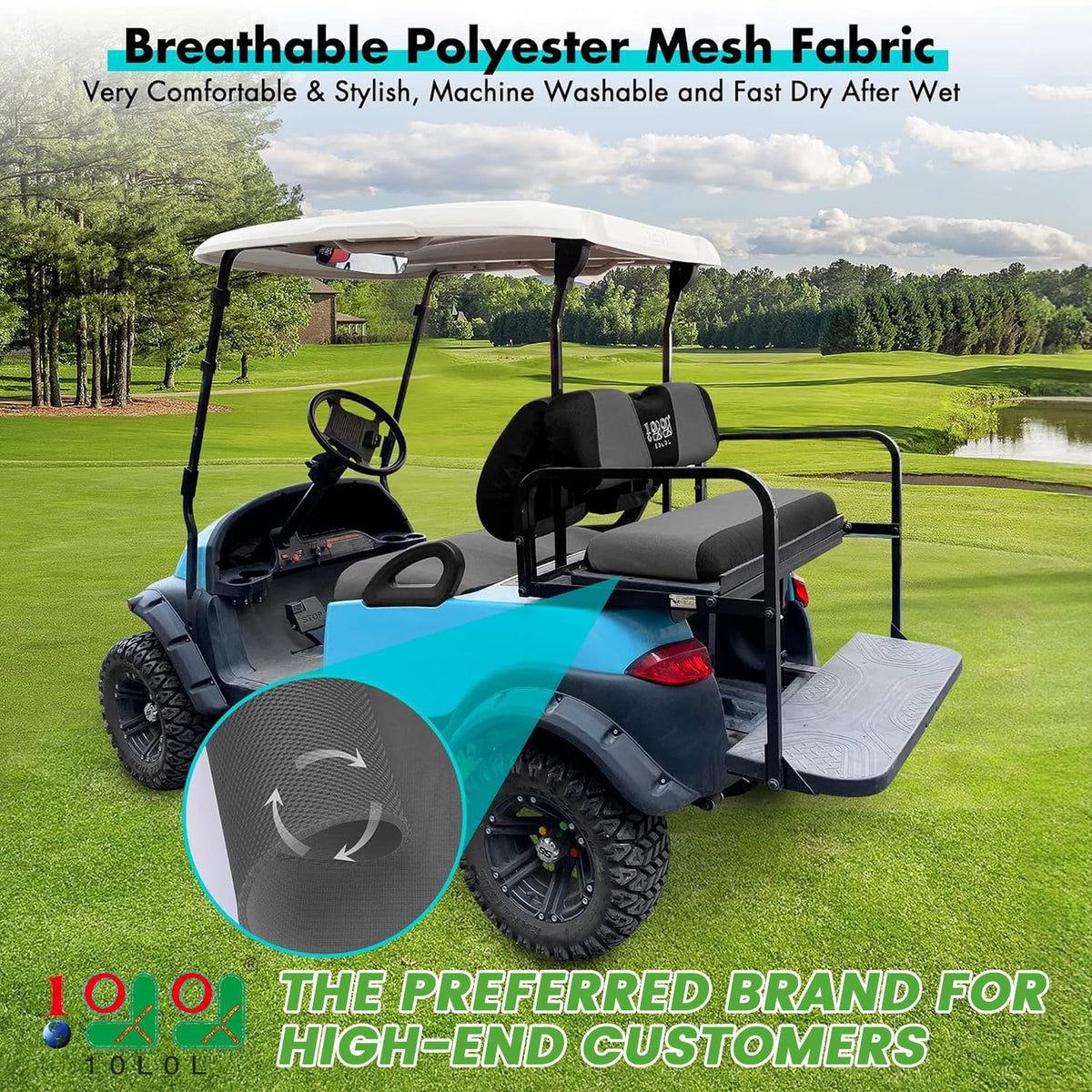 10L0L golf cart rear seat cover guards wear and adds cohesive style to rear seating.