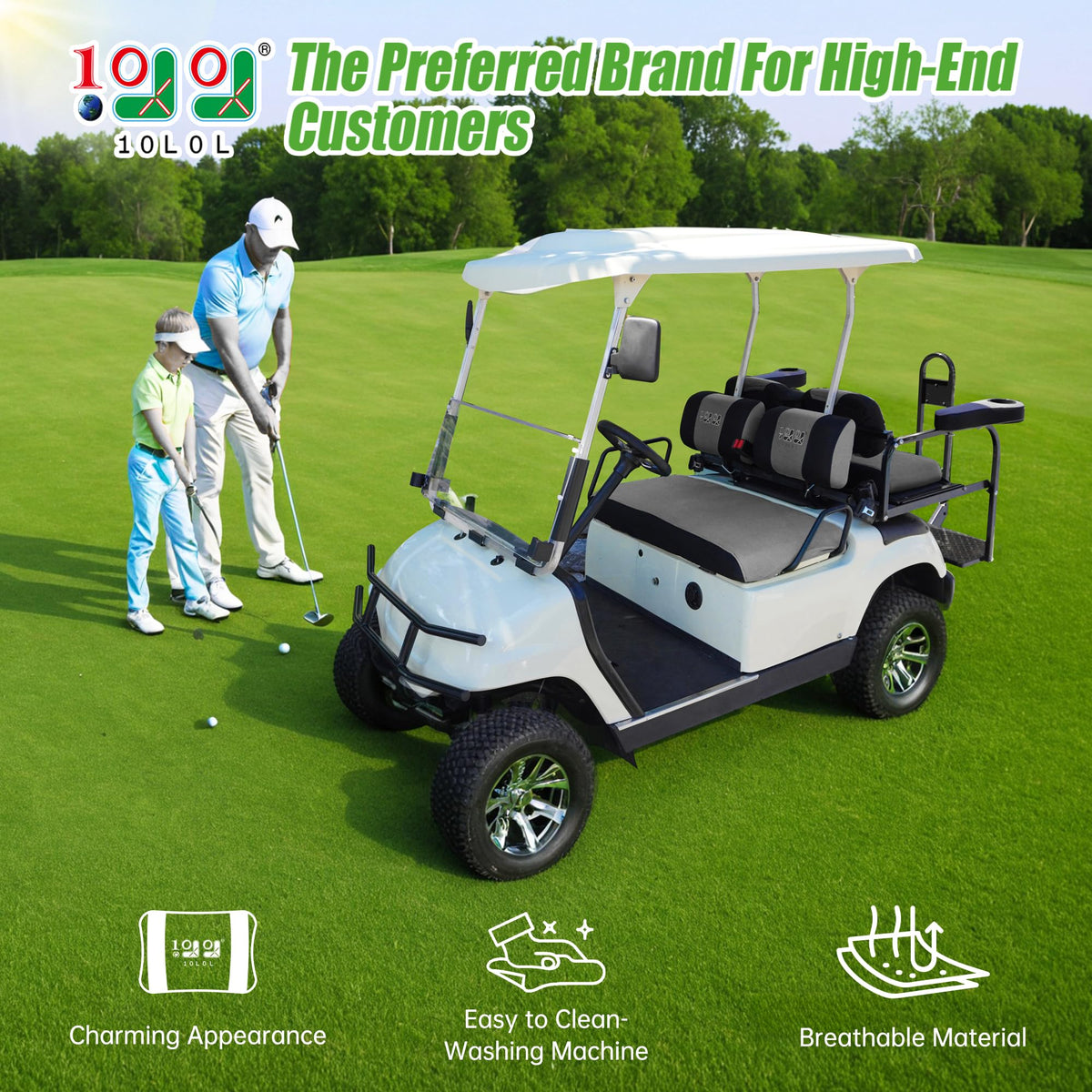 10L0L golf cart rear seat cover protects upholstery during rides.