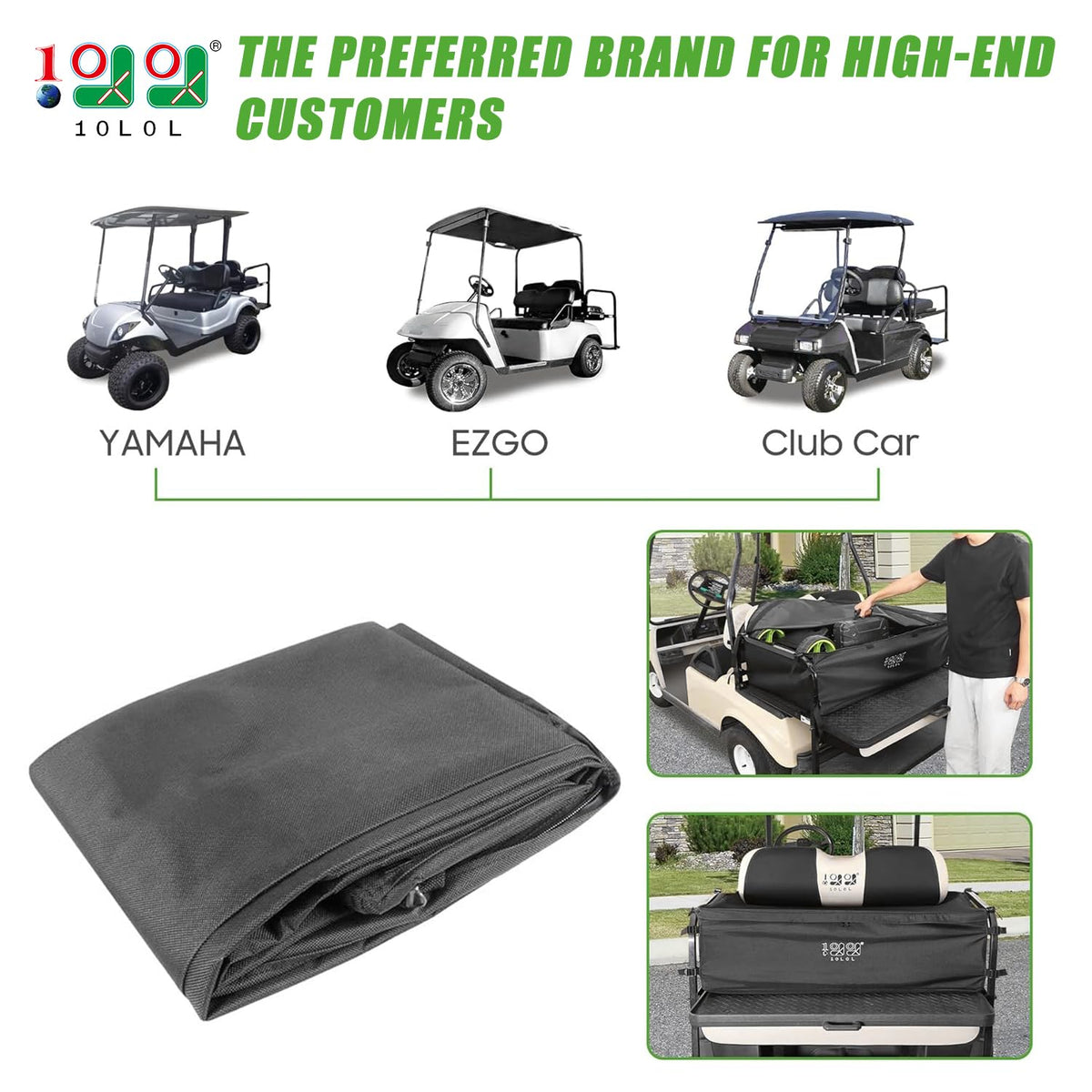 10L0L golf cart rear seat bag open showing roomy access for essentials