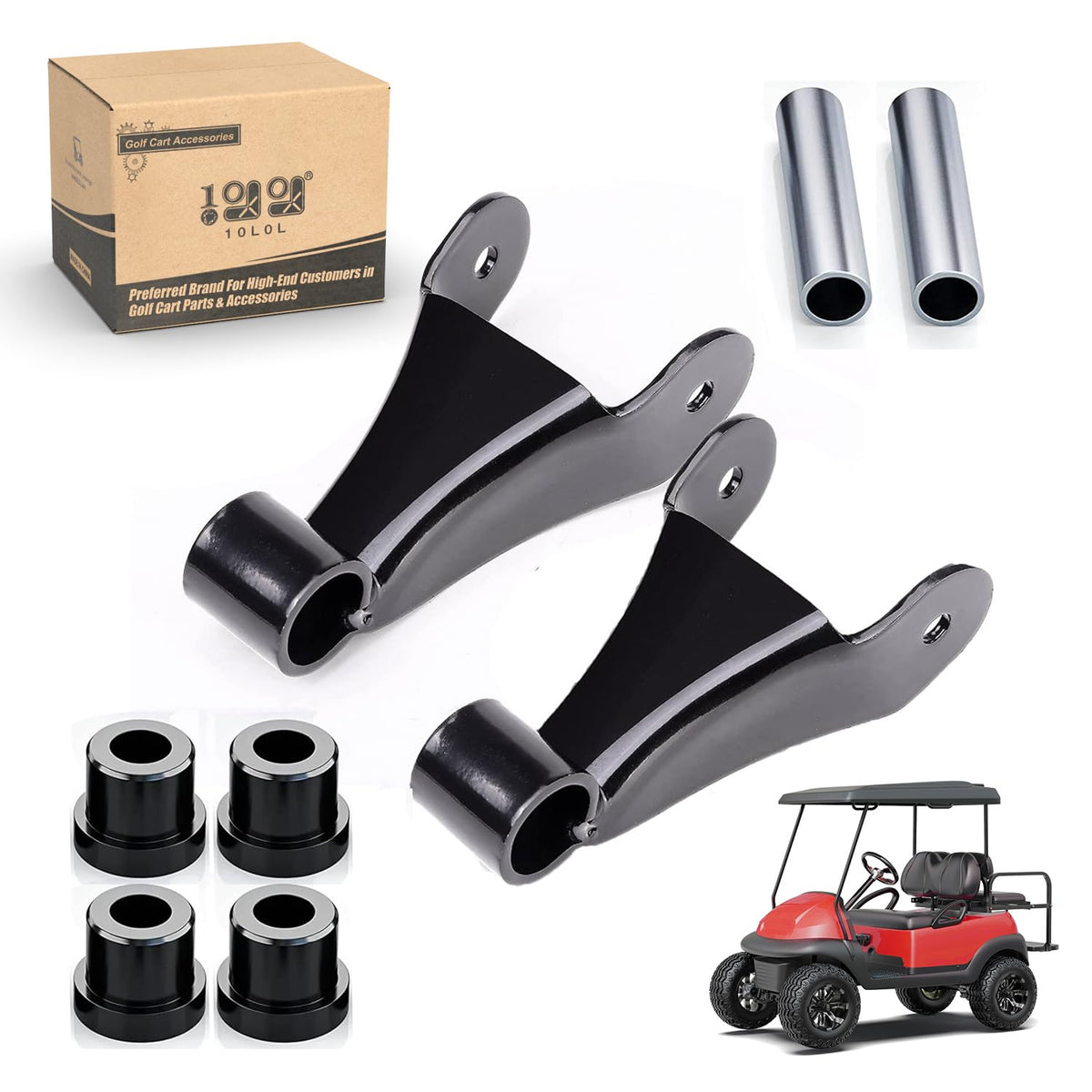 10L0L golf cart rear shackle kit assembly shows durable, corrosion-resistant coating for long-lasting performance