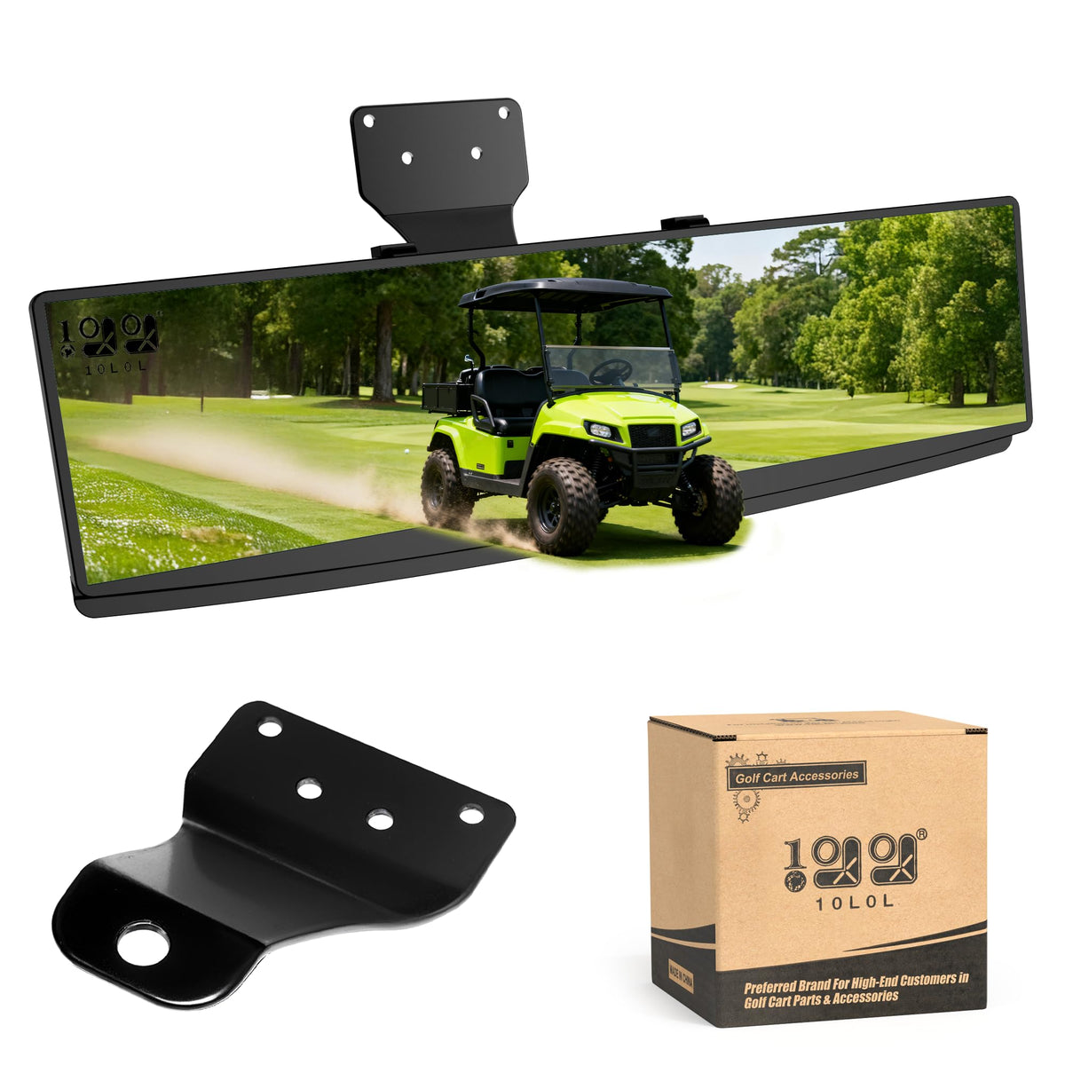 10L0L golf cart rear-view mirror with LED light, front view for enhanced visibility.