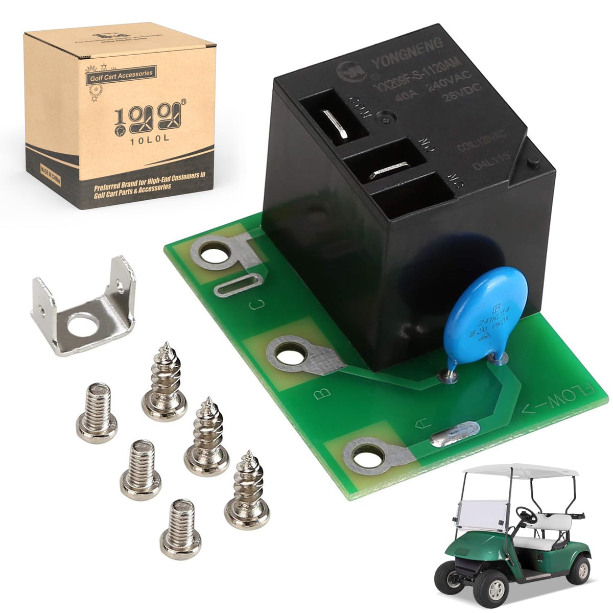 10L0L golf cart relay board EZGO close-up highlighting compact circuitry for reliable Powerwise II charging