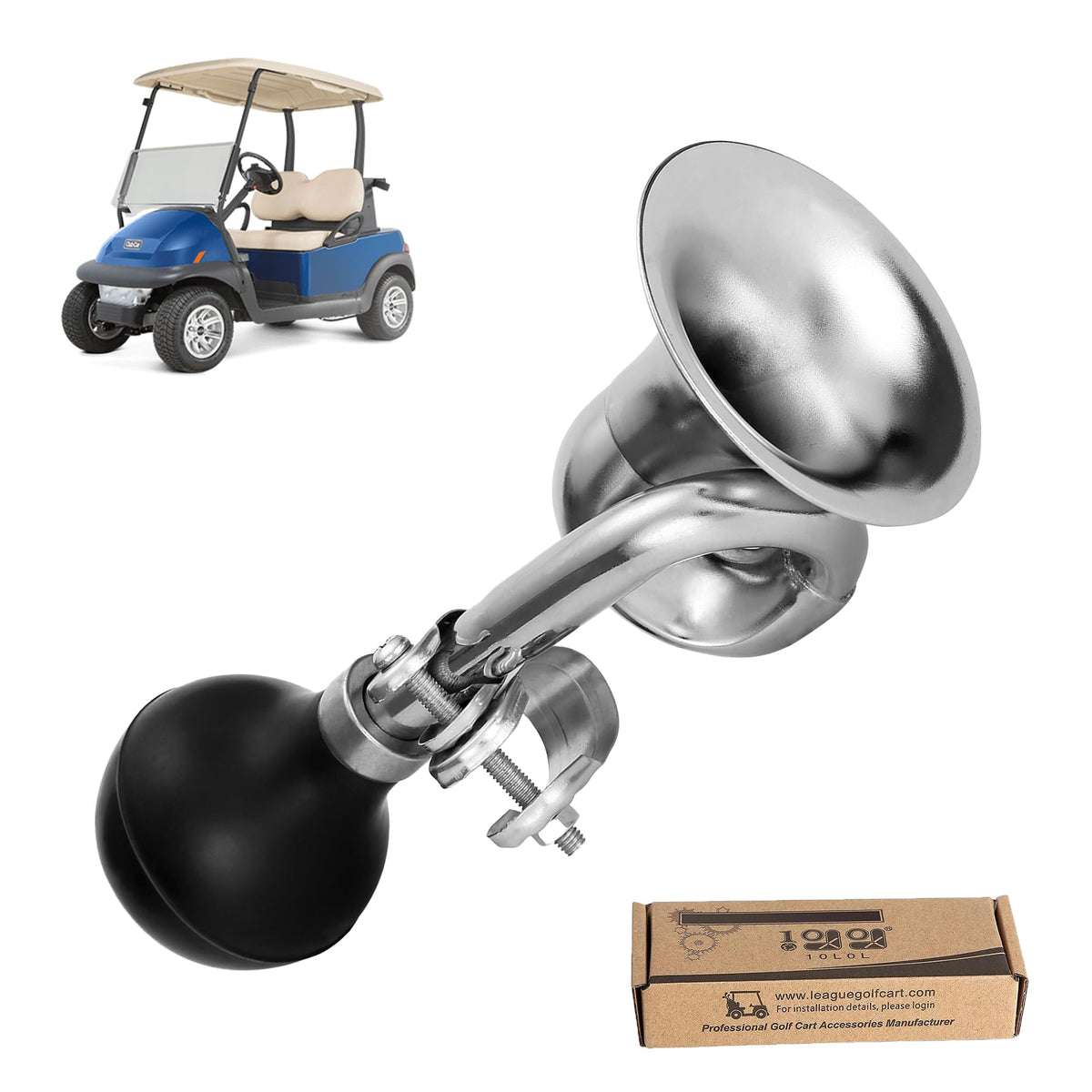 10L0L golf cart retro clown horn in silver boosts alertness and adds vintage flair.