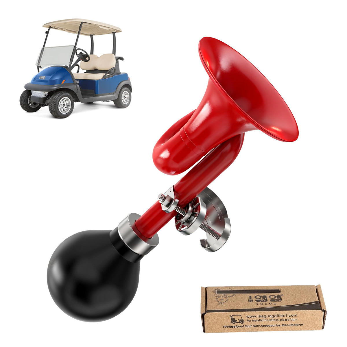 10L0L golf cart retro clown horn on handlebar delivers loud, attention-getting alerts.