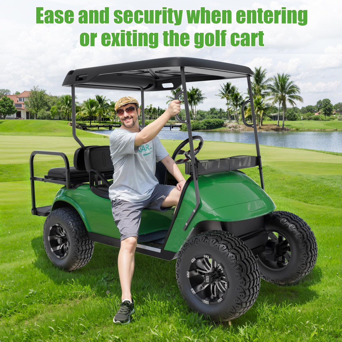 10L0L golf cart roof handle on square-tube for quick access.