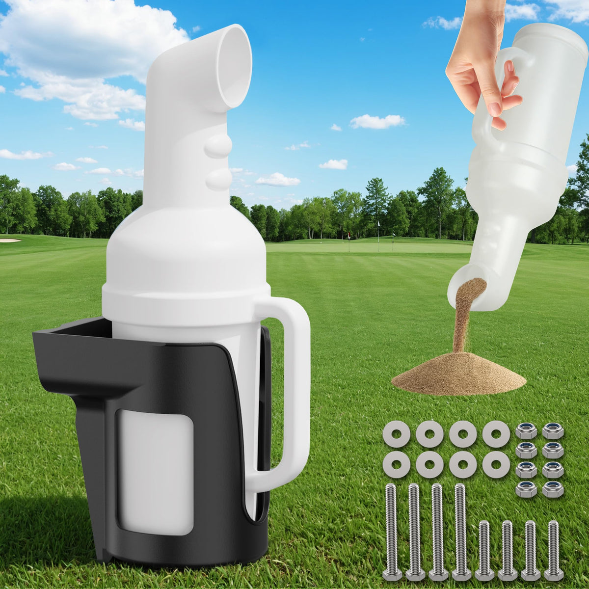 10L0L golf cart sand bottle with holder, universal fit and easy pouring.