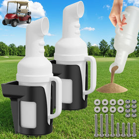 10L0L golf cart sand bottle with holder mounted on a cart for quick divot filling