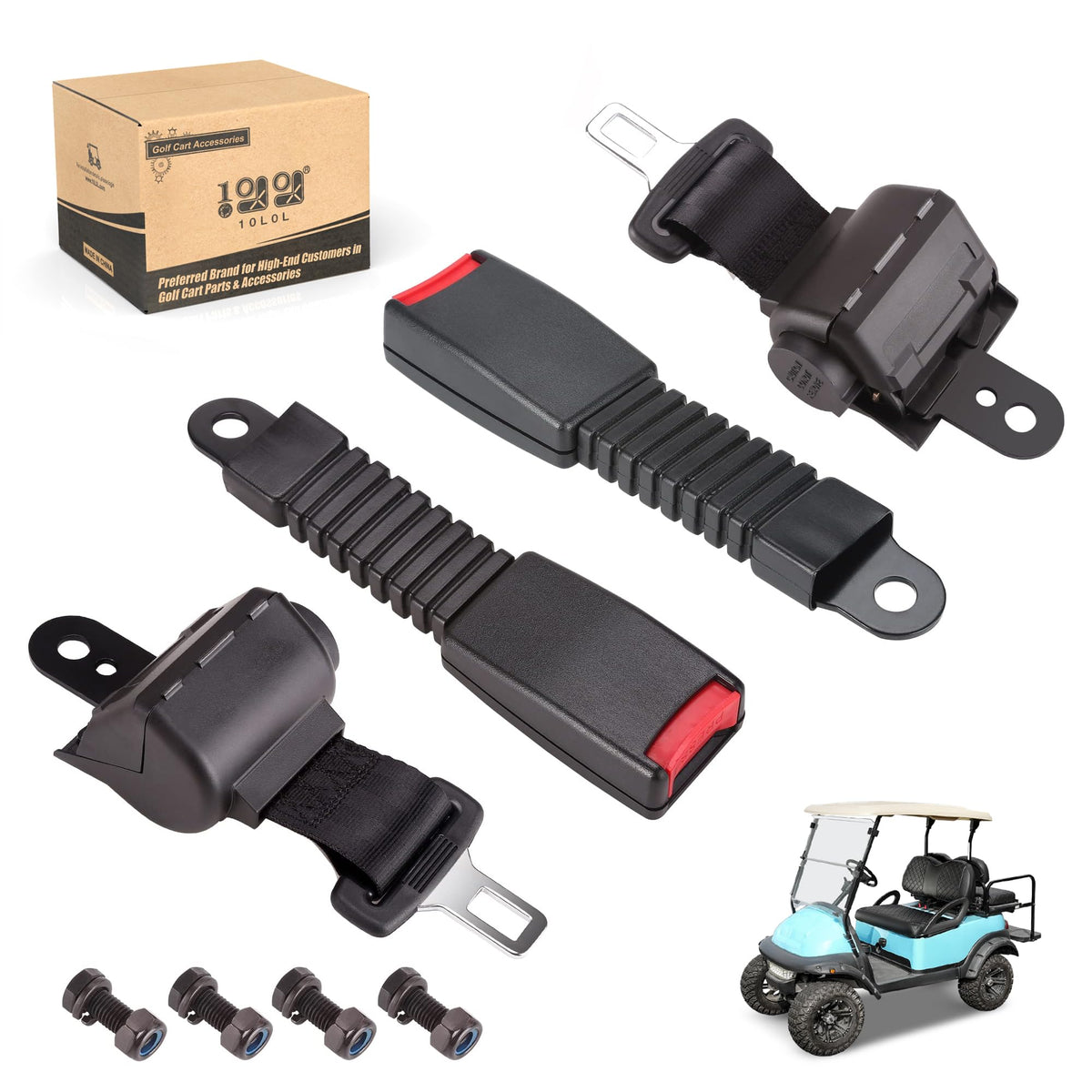 10L0L Golf Cart Seat Belts 2-pack retractable 42-inch belts with buckles for versatile seating safety.