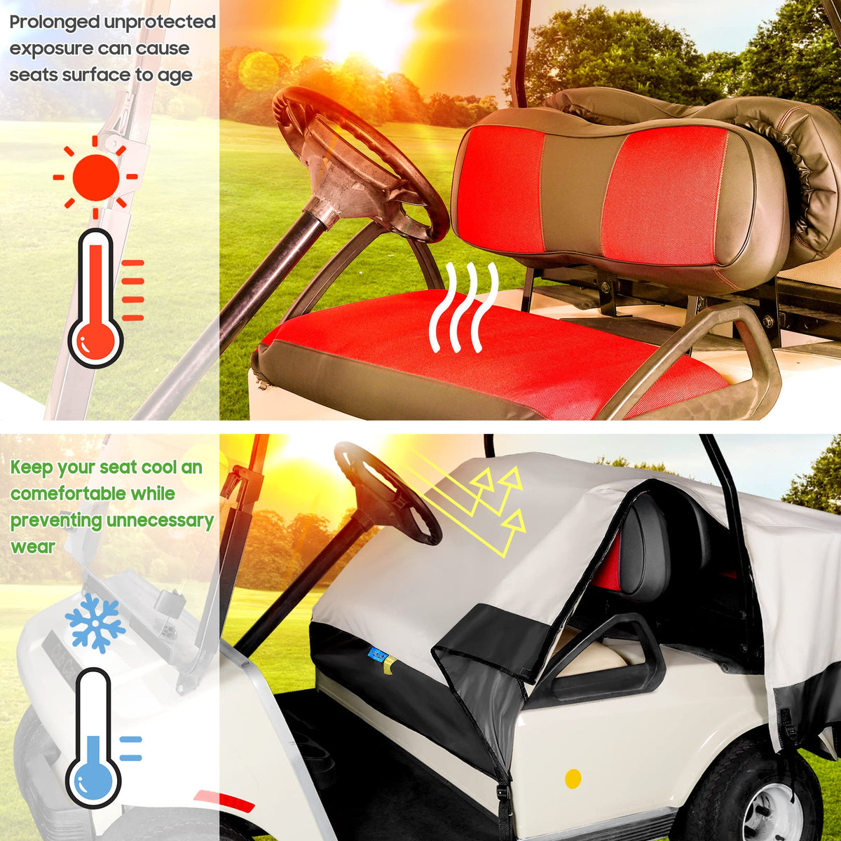 10L0L golf cart seat cover folded for compact storage after outdoor use