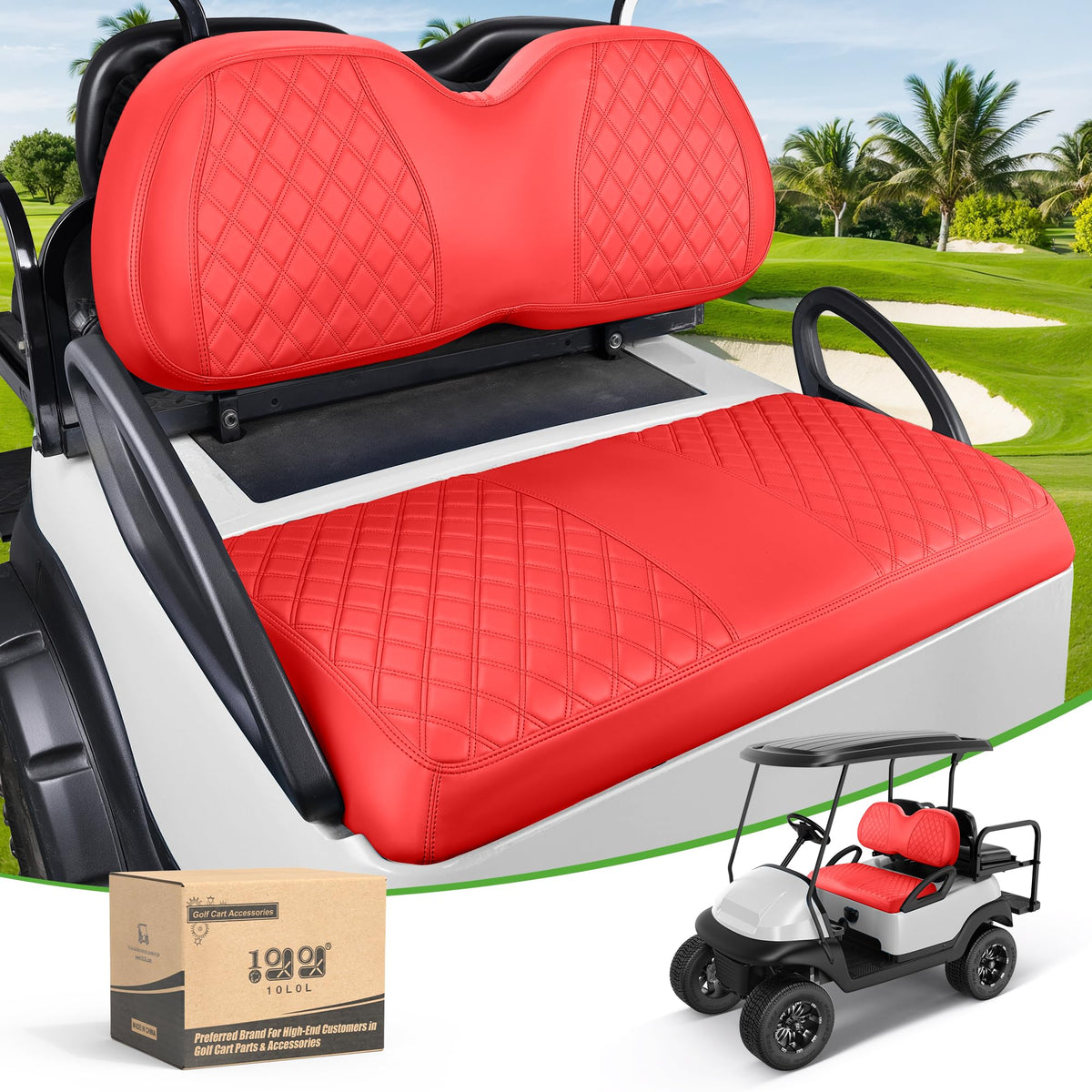 10L0L front seat cover for Club Car Precedent, red diamond pattern protects seats.