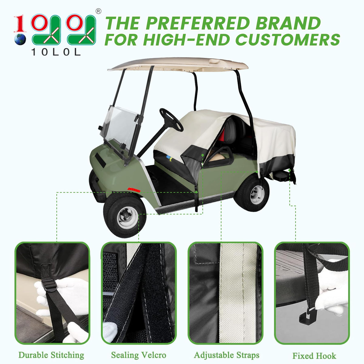 10L0L golf cart seat cover on rear seats shielding passengers from weather